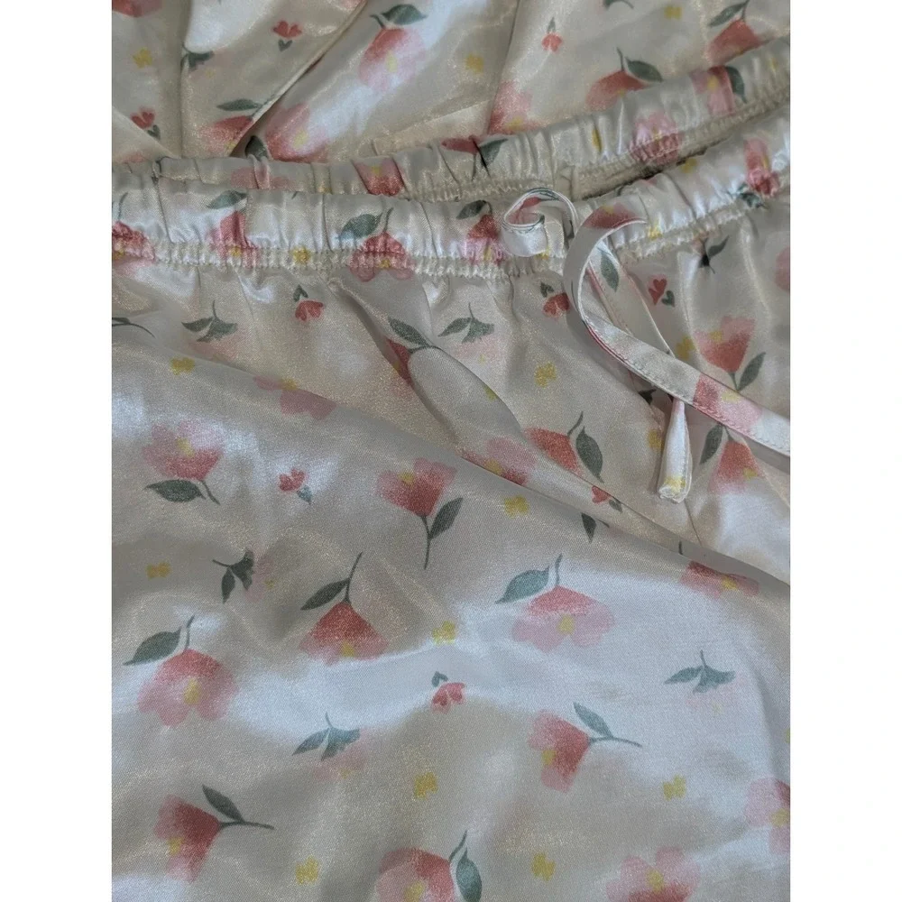 Vintage Delicates Satin Pajama Set Womens Large Floral Pink White Sleepwear 2pc